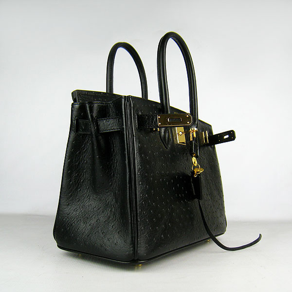 Replica Hermes Birkin 30CM Ostrich Veins Handbag Black 6088 On Sale - Click Image to Close